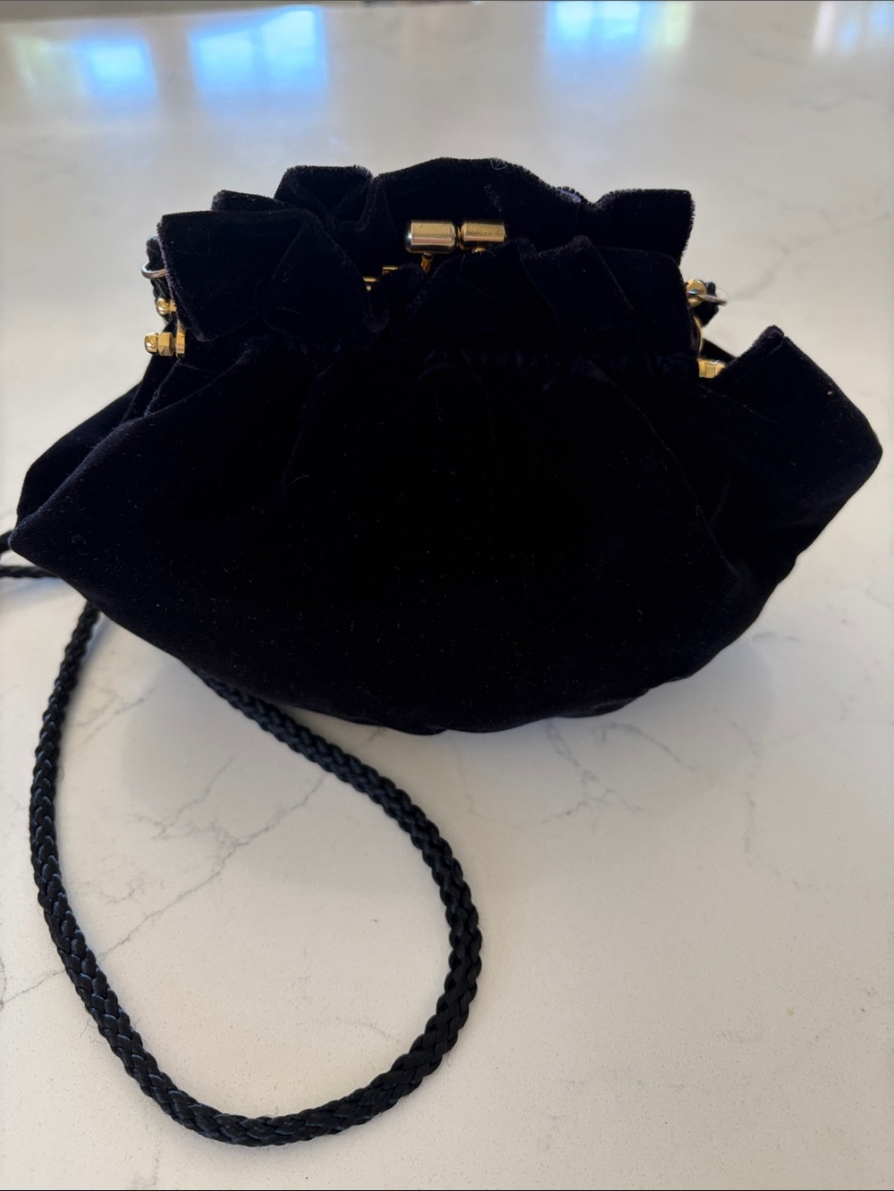 La Regale Black Velvet VINTAGE Drawstring Mini Crossbody Bag with Gold Accents